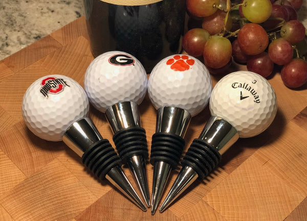 Personalized golf ball wine toppers